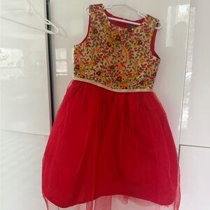 Floral Embroidered Red Kids Dress - red tulle overlay